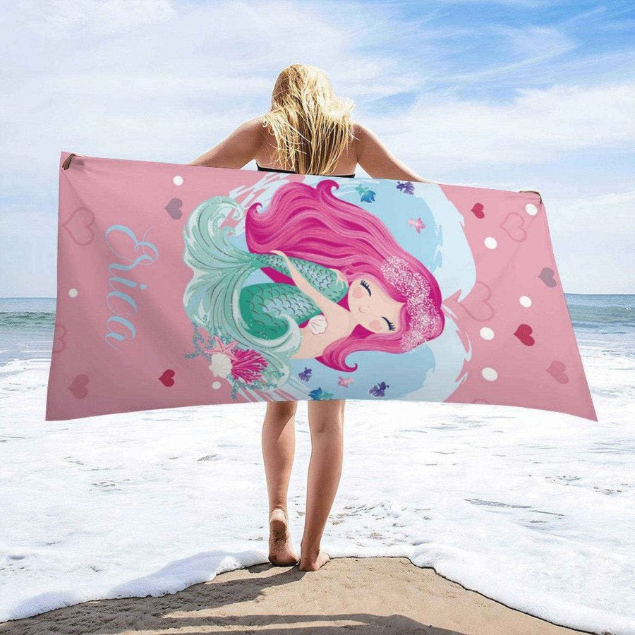 Pink Mermaid Cute Girl Personalized Name Beach Towel - Aperturee