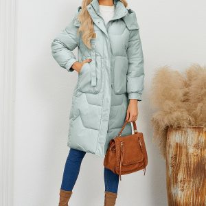 Puffer Coats Apricot Stand Collar Buttons Lace-up Long Sleeves Outerwear