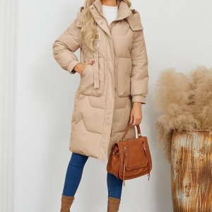 Puffer Coats Apricot Stand Collar Buttons Lace-up Long Sleeves Outerwear