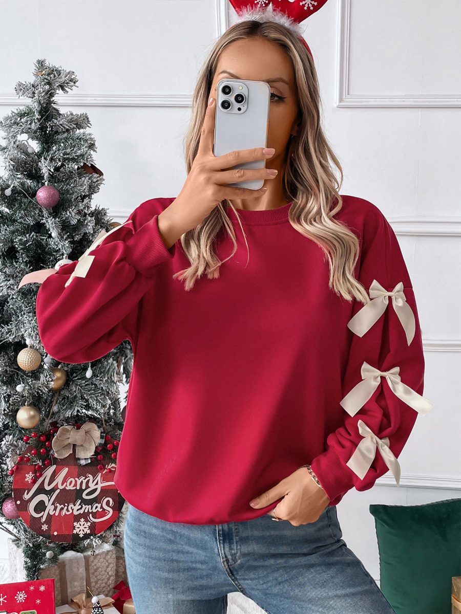 Pullovers For Women Red Bows Geometric Jewel Neck Long Sleeves Layered Polyester Sweaters