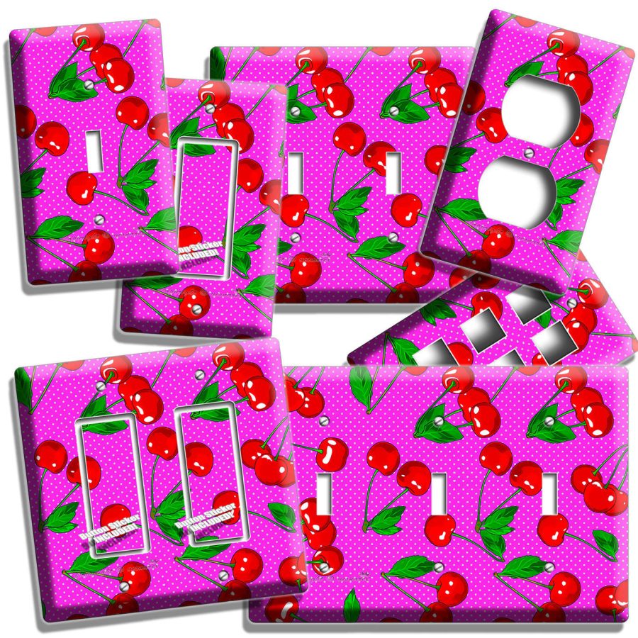 RED HOT CHERRIES PINK POLKA DOTS LIGHT SWITCH OUTLETS WALL PLATE KITCHEN DECOR