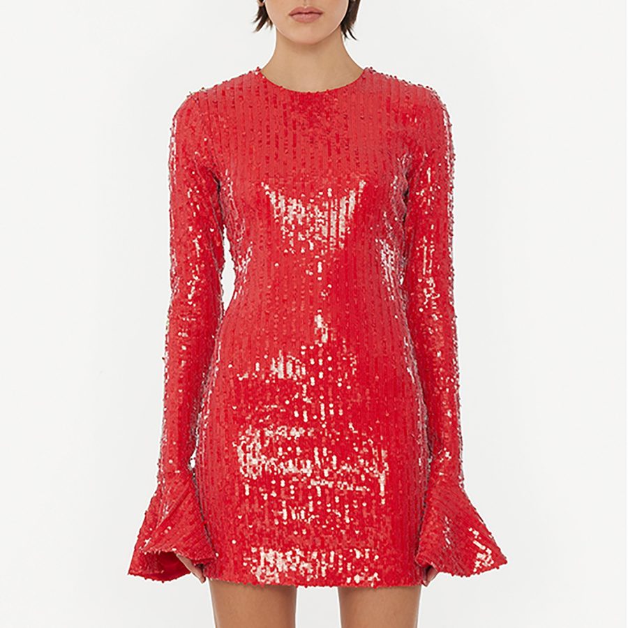 ROTATE Birger Christensen Women's Sequins Long Sleeve Mini Dress - Racing Red - DK 38/UK 10