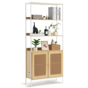 Rattan Bookshelf Ladder Shelf with 2 Doors Rectangle Storage Rack Natural