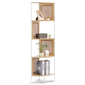 Rattan Corner Bookshelf 5-Tier Bamboo Ladder Narrow Shelf Wall Corner Rack