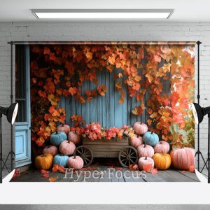 Retro Blue Porch Maple Leaves Autumn Photo Backdrop - Aperturee