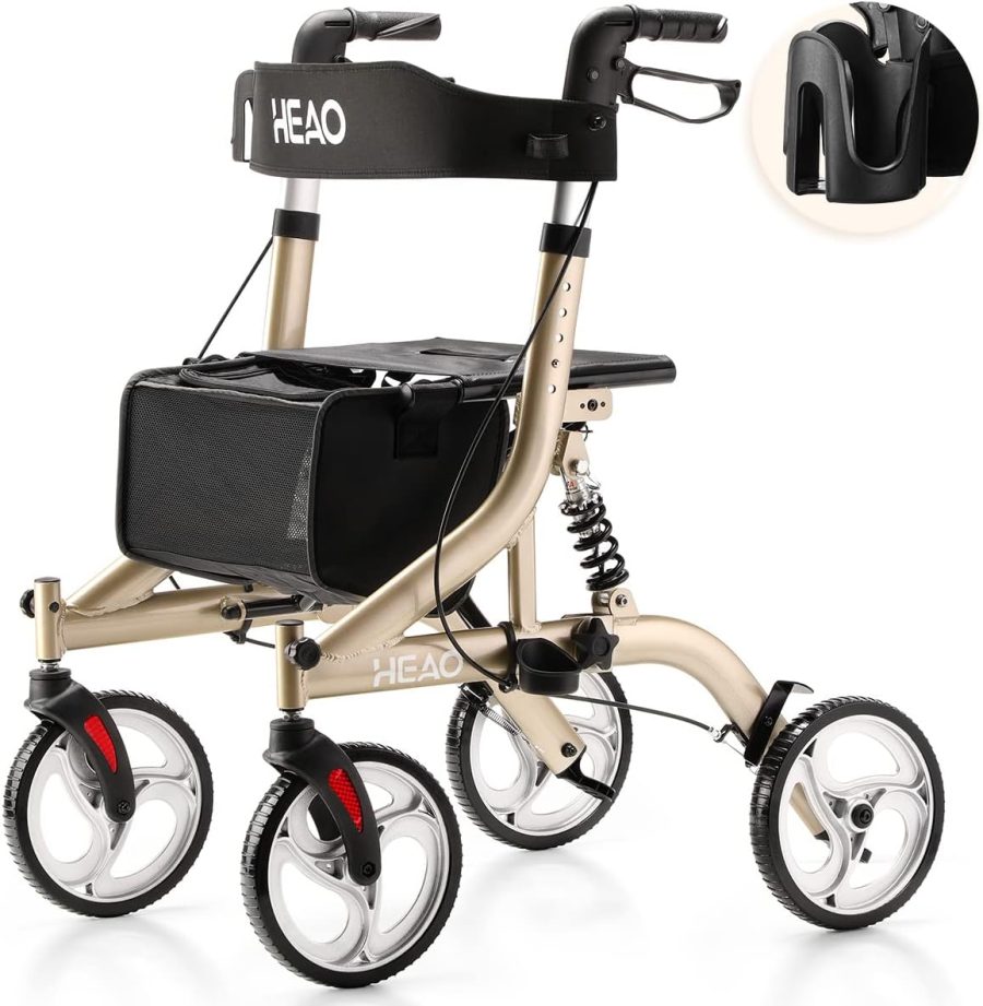 Rollator Walker with Seat & Shock Absorber, 4 x 10" Wheels for Seniors - Champagne