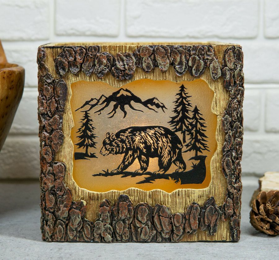 Rustic Pine Forest Black Bear Faux Carved Wood Bark Night Light Lamp Sculpture