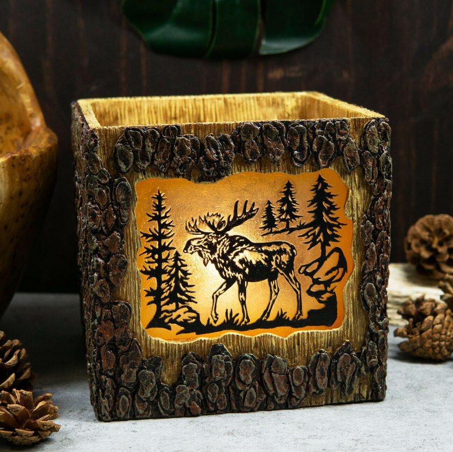 Rustic Pine Forest Elk Moose Faux Carved Wood Bark Night Light Lamp Sculpture