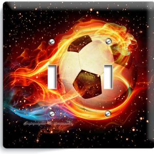 SOCCER BALL FLAME FOOTBALL DOUBLE LIGHT SWITCH WALL PLATE COVER BOYS ROOM DECOR