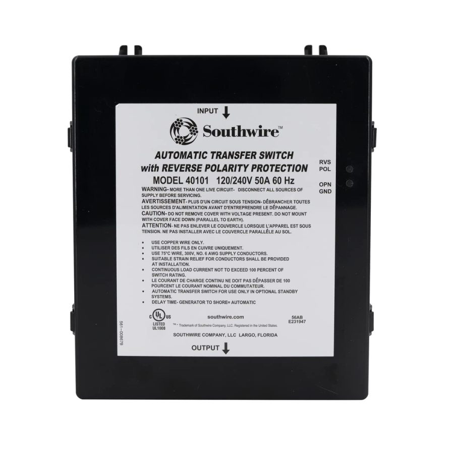 SOUTHWIRE 40101-001 Power Transfer Switch; Transfer Power Between Shore And RV Generator; Automatic; 120/ 240 Volt; 50 Amps; 8.48 Inch Width x 10-3/4 Inch Height x 5.19 Inch Depth; Protects Against Reverse Polarity And Open Ground Protection