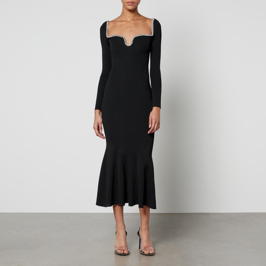 Self-Portrait Diamante-Embellished Ribbed-Knit Midi Dress - XS