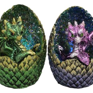 Set of 2 Green And Pink Baby Dragons In LED Faux Geode Eggs With Dragon Scales