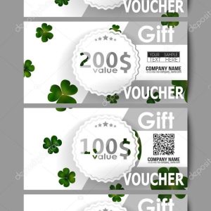 Set of modern gift voucher templates. St Patricks day vector background, green clovers on white