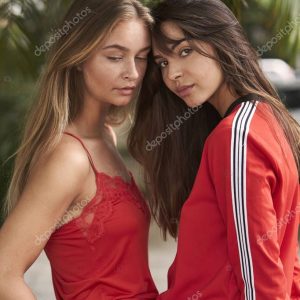 Sexy girls in red sportswear, portrait