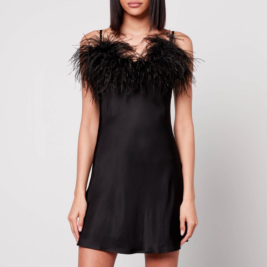 Sleeper Boheme Feather-Trimmed Satin Mini Dress - XS