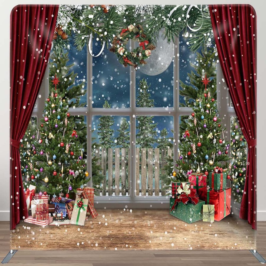 Snowy Christmas Gifts Red Curtain Tension Fabric Backdrop - Aperturee