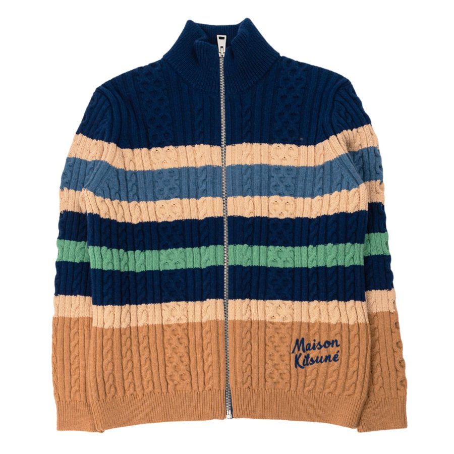 Striped Cable Zipped Cardigan in Navy/Chamomile