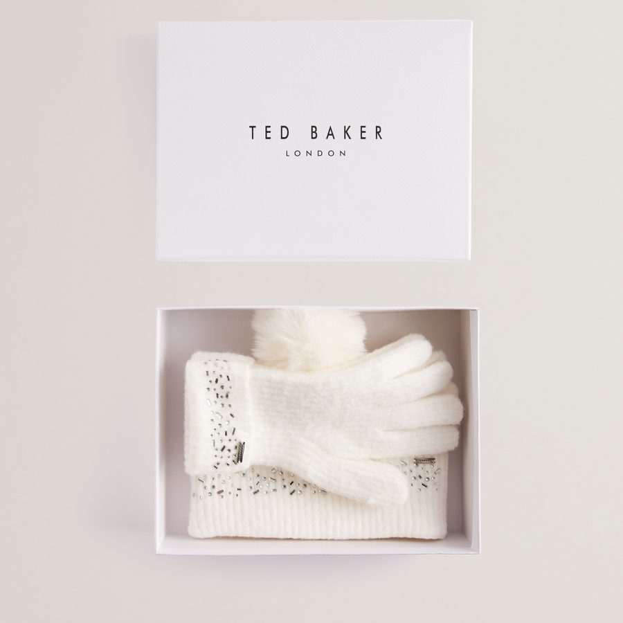 Ted Baker Women's Keriis Rhinestone Knitted Hat And Gloves Set - Cream