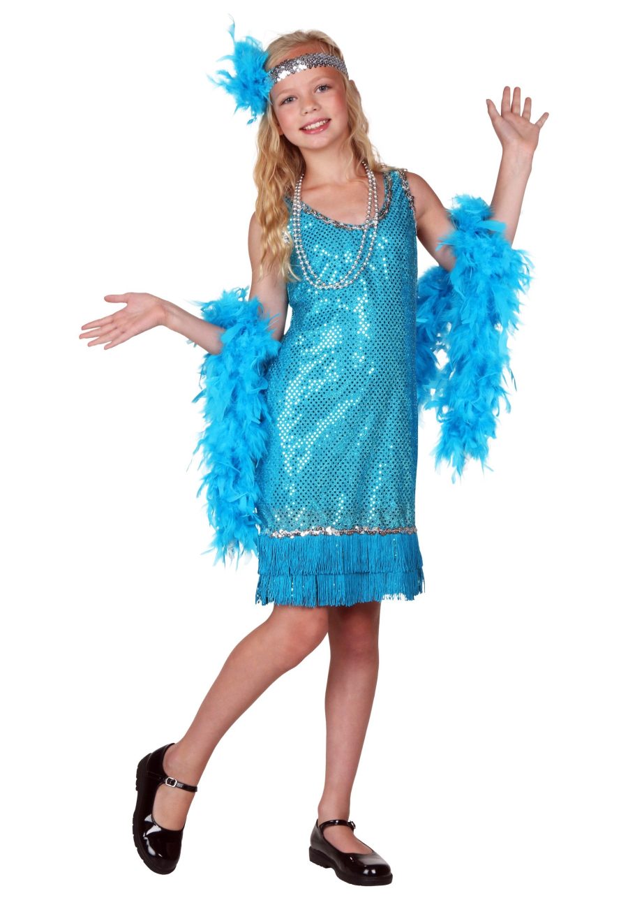 Turquoise Sequin and Fringe Flapper Costume For Child