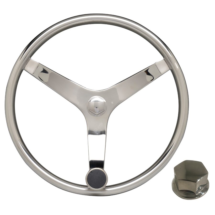 UFLEX V46 KIT 13.5 INCH STAINLESS STEEL STEERING WHEEL W/SPEED KNOB & CHROME NUT