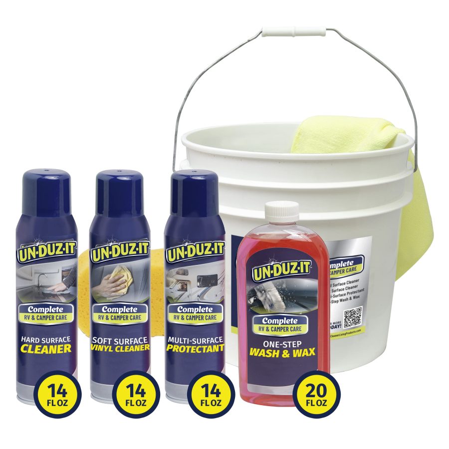 UNDUZIT 126953 RV 7-Piece Detailing Kit, Contains RV Wash and Wax, Soft Surface and Vinyl Cleaner, Hard Surface Cleaner, Multi-Surface Protectant Spray, Bucket, Sponge and Microfiber Towel