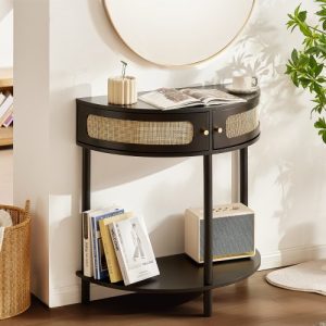 VEVOR Half-moon Rattan Console Table 2 Storage Drawers 31.88x15.74x32.28inch Rattan Sliding Door Black, Rattan Entryway Table with Storage, Small Console Tables for Entryway, Entry Table for Hallway, Living Room Table