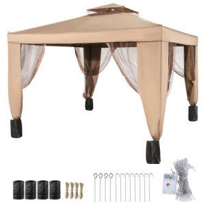 VEVOR Outdoor Canopy Gazebo Tent, Portable Canopy Shelter with 10'x10' Large Shade Space for Party, Backyard, Patio Lawn and Garden, 4 Sandbags, and Netting Included, Brown