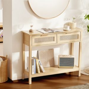 VEVOR Rattan Console Table with 2 Storage Drawers Rattan 39.37x11.61x32.09inch Sliding Door Natural, Rattan Entryway Table with Storage, Small Console Tables for Entryway, Entry Table for Hallway, Living Room Table