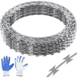 VEVOR Razor Wires, 98 ft Razor Barbed Wire, 2 Rolls Razor Wire Fencing Razor Fence, Double Spiral Razor Ribbon Barbed Wire Galvanized Razor Wire Fence, Rolls Razor for Garden