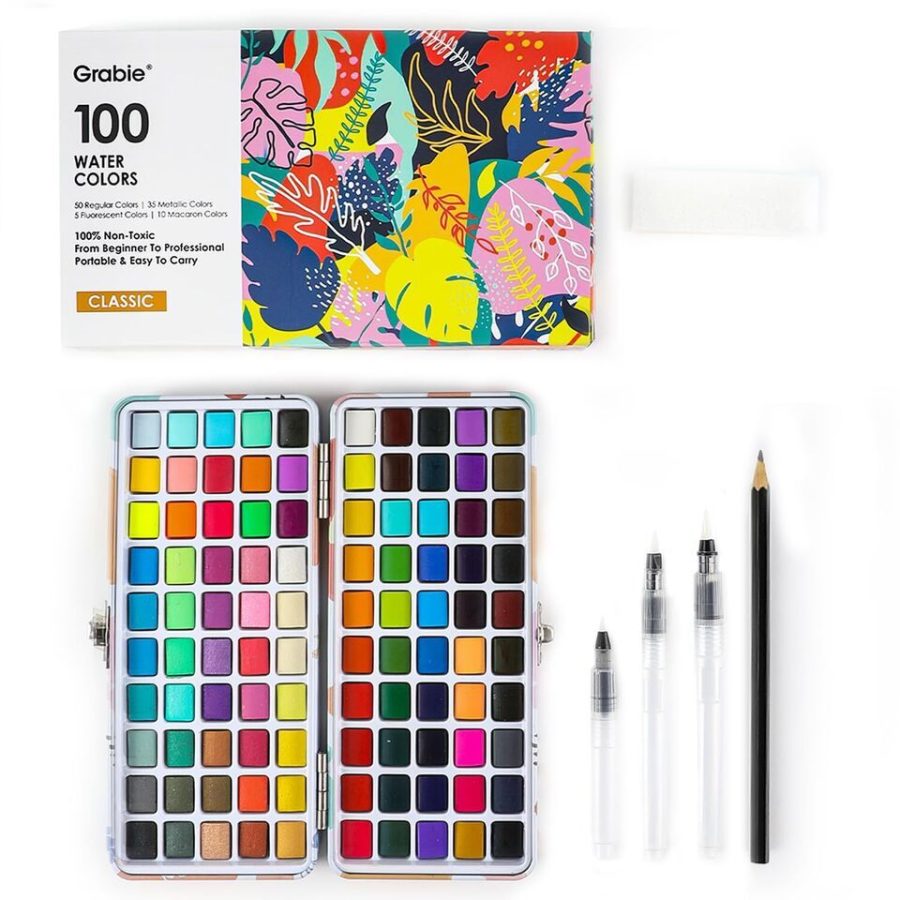 VibrantArt Watercolor Paint Set - 100 Colors with Water Brush Pens and Drawing P