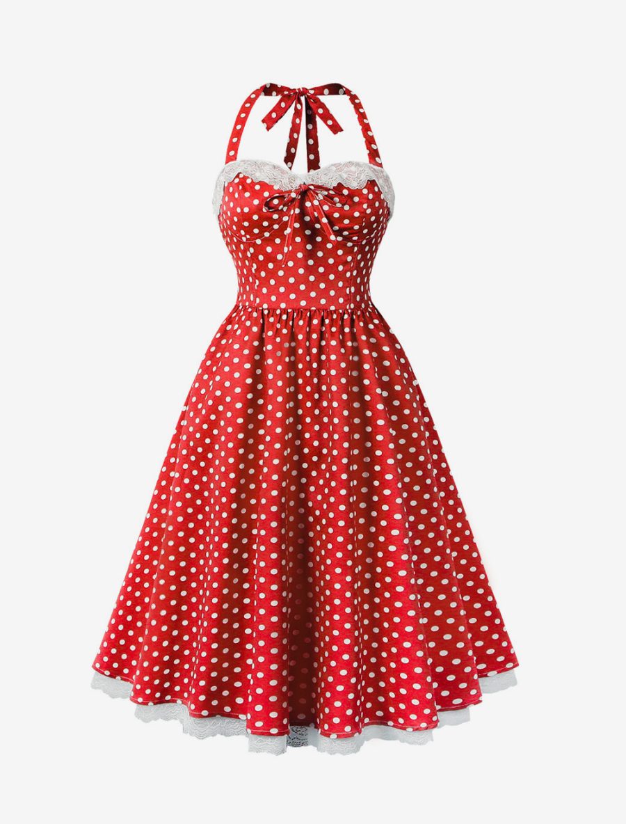 Vintage Dress With Halter Neck 1950s Audrey Hepburn Style Polka Dot Lace Trim A-line Midi Swing Dress For Women 2025