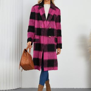 Winter Coats Apricot Turndown Collar Buttons Front Button Long Sleeves Plaid Outerwear