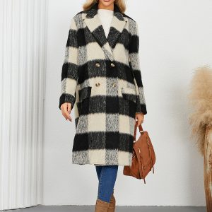 Winter Coats Apricot Turndown Collar Buttons Front Button Long Sleeves Plaid Outerwear