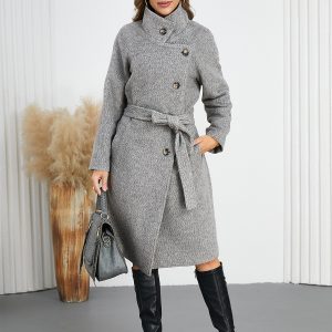 Winter Coats Gray Buttons Turndown Collar Lace-up Long Sleeves Chic Outerwear