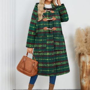 Winter Coats Green Hooded Buttons Front Button Long Sleeves Plaid Outerwear