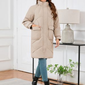 Winter Coats Khaki Stand Collar Lace-up Long Sleeves Chic Winter Coat Outerwear