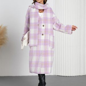 Winter Coats Pink Turndown Collar Buttons Lace-up Long Sleeves Plaid Outerwear