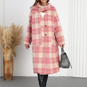 Winter Coats Pink Turndown Collar Buttons Lace-up Long Sleeves Plaid Outerwear