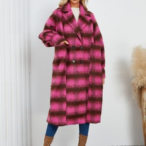 Winter Coats Rose Turndown Collar Buttons Front Button Long Sleeves Plaid Outerwear