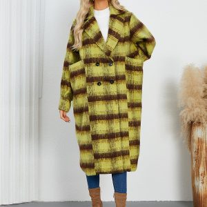 Winter Coats Rose Turndown Collar Buttons Front Button Long Sleeves Plaid Outerwear