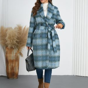 Winter Coats Yellow Turndown Collar Buttons Lace-up Long Sleeves Plaid Outerwear