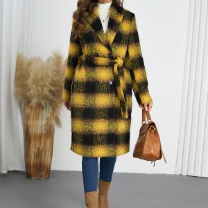 Winter Coats Yellow Turndown Collar Buttons Lace-up Long Sleeves Plaid Outerwear