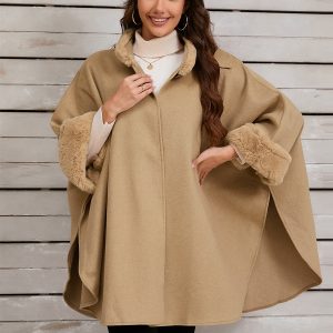 Women Poncho Stand Collar Khaki Asymmetrical Cape