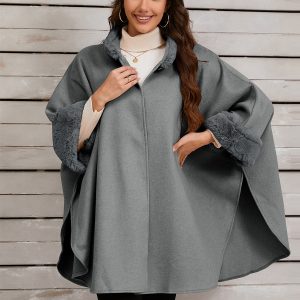 Women Poncho Stand Collar Khaki Asymmetrical Cape