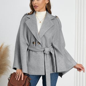 Women Poncho Turndown Collar Apricot Cape