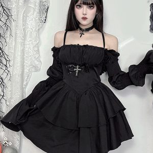 Women's Gothic Clothing Black Bows Ruffles Gothic Polyester Tunic Retro Costumes