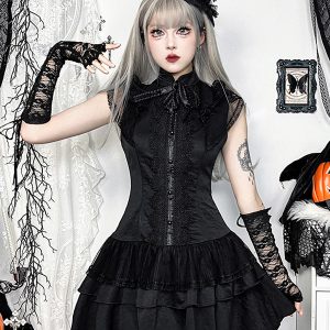 Women's Gothic Clothing Black Bows Ruffles Lace Gothic Polyester Tunic Retro Costumes