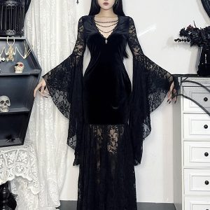 Women's Gothic Clothing Black Chains Lace Gothic Velour Tunic Retro Costumes