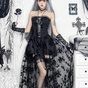 Women's Gothic Clothing Black Pleated Bows Ruffles Gothic Polyester Tunic Retro Costumes