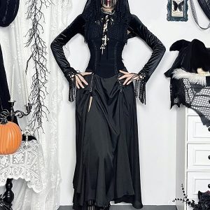 Women's Gothic Clothing Black Ruffles Fringe Gothic Polyester Tunic Retro Costumes